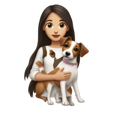 Girl with long dark brown hair and big hazel eyes with long eyelashes holding a jack russell terrier  sticker