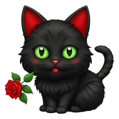 Cute emoji-style black cat holding a red rose in its mouth, big round eyes with light green sclera and black pupils, fluffy fur, clean mascot style, centered, soft beige background, 1:1 ratio. sticker