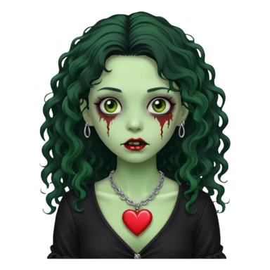 a green zombie girl with a scar on her face, long curly hair, wearing a black blouse and a silver necklace with a heart pendant. sticker
