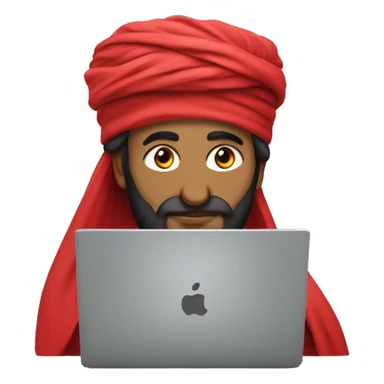 A caliph with turban and red clothes writing in a laptop sticker