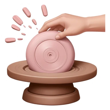single hand throwing a pink ball of clay onto a pottery wheel, only one hand visible in the frame sticker