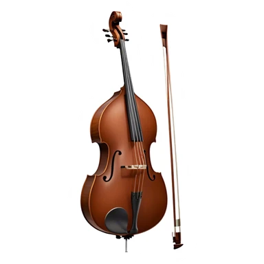 Create an elegant and detailed emoji representing a Gliga Gama double bass with bow. The design should showcase the large, sleek body of the double bass with its rich wood finish, including the characteristic curves and deep tone holes. The bow should be elegantly positioned next to the instrument, highlighting the hair and smooth wooden stick. Use warm wood tones like chestnut brown for the body of the bass, silver accents for the fittings, and dark brown for the bow. Add subtle musical notes or sound waves flowing from the bass to represent its deep, resonant sound. The background should be transparent. sticker