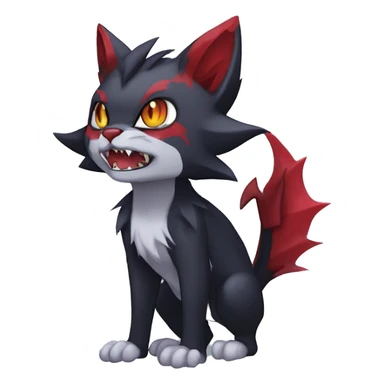   cool edgy fantasy anime-style dark animal vampiric Litten-Zoroark-Nargacuga-cat-hybrid Fakemon with big fangs and bat-ears full body sticker