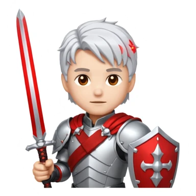 32x32 pixel art emoji, a white-haired boy holding dual swords, inspired by, heroic pose, silver-white hair, glowing red and silver swords, metallic armor details, vibrant colors, transparent background, high contrast, video game icon style. sticker