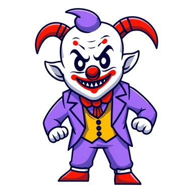 evil clown in a leisure suit with billy goat horns, fangs, pointed ears, standing in a fighting posture, battle-ready soldier sticker