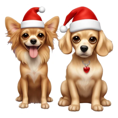 Two dogs hugging each other full-length. One is a long-haired beige Chihuahua with red streaks and small protruding ears. The second is a red cocker spaniel. They are both wearing New Year's hats, the cocker is bigger than the Chihuahua. sticker