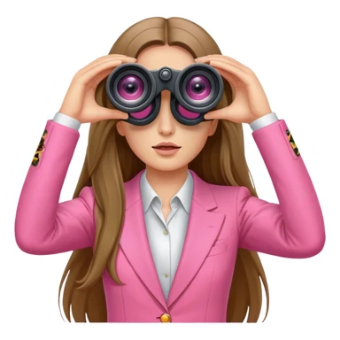 woman with long hair in a pink suit looking through two-eyed binoculars, front view sticker