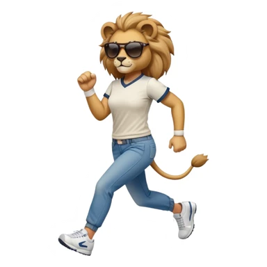 friendly anthropomorphised female lion wearing a baseball shirt, jeans, trainers, dark sunglasses, jogging upright, looking dominant and confident sticker