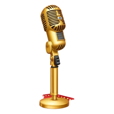 Create a glamorous and vibrant emoji that represents pop or stage vocal performance. The design should feature a vintage stage microphone on a red carpet, with a spotlight shining on it. The stage should be empty but illuminated with concert lights, creating an atmosphere of excitement. Add elements like a festive firework display and a sparkling costume with rhinestones. Surround the scene with a ribbon made of musical notes to symbolize the connection to music. Use bright colors like gold, red, and silver, with a touch of sparkle to convey the glamour and energy of pop vocal performance. The background should be transparent. sticker