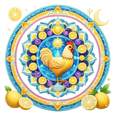 Celestial fitness mandala with magical water and lemon at center, surrounded by orbiting enchanted elements: radiant sun, glowing chicken and rice, sparkling gym weights, ethereal yogurt, twinkling fruits, and mystical sleep moon, all connected by cosmic energy flows and starry aura sticker