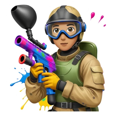 A dynamic scene of a player in action, holding a paintball gun and wearing protective gear. The background shows a vibrant paintball field with obstacles, colorful splatters of paint in the air, and an intense, competitive atmosphere. sticker