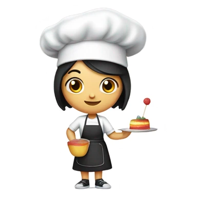 Girl chef with black hair holding a flan in one and and a lollipop in the other with a chef hat sticker