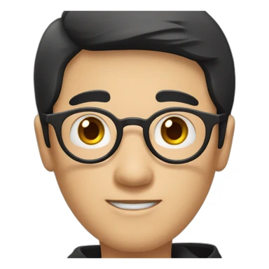 A mature Chinese boy with black hair and circle-shaped eyeglasses wearing black hoodie and ✌️ shaped hands sticker