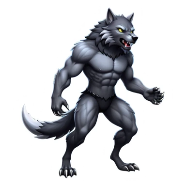 cinematic-noble-fierce-werewolf-full body-emoji, poised-and-imposing, with a tall, slender, muscular frame, fur rippling in shades of midnight black and silver, eyes glowing with an intense, primal ferocity, reflecting the untamed power of the wild moonlit night; rendered with realism sticker