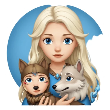 Viking platinum blonde girl with long hair, forelocks and blue eyes. Wolf pet sticker