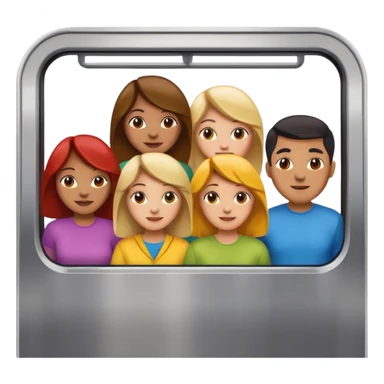 five happy people, mix of women and men, close with each other, inside a subway car resembling Apple emoji subway with colorful exterior, wearing t-shirt style clothes in different light colors, Apple emoji style sticker