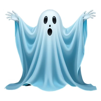 A hilariously exaggerated floating sheet ghost, its simple yet expressive form billowing with animated energy in vibrant whites and pale blues, with two wide, comically shocked eyes and a quirky, startled mouth, simplified yet overflowing with personality, highly detailed with a soft neon-like glowing outline, capturing the playful absurdity of a ghost caught off guard! sticker