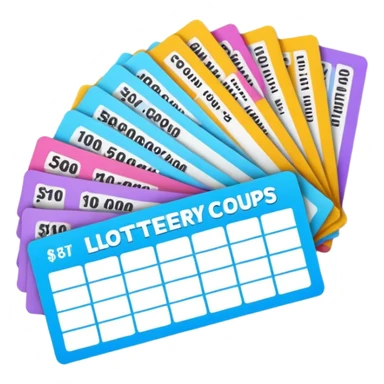 Create blank lottery coupons fanned out, clean and colorful, with different header colors and simple grid sections. No numbers, no text—just empty fields and a lottery-ticket layout. Bright, modern, and on a neutral background. sticker