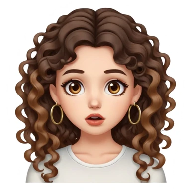 cute girl with not volominous VERY LONG curly/wavy brunette hair with balayage, brown eyes, full lips, cute makeup and hoop earrings white girl. wearing an aesthetic top. SHOCKED FACE sticker