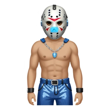 Jason Voorhees with white hockey mask, blue-gray sequin baggy pants, shirtless with necklace sticker