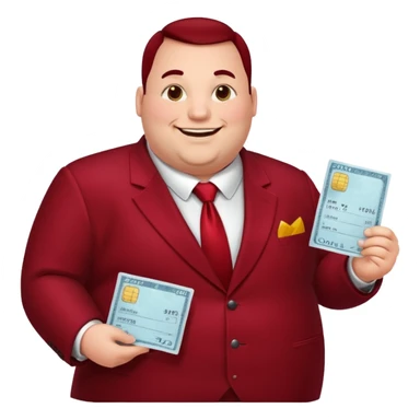 huge fat guy bold head in dark red velvet suit holding cheque sticker