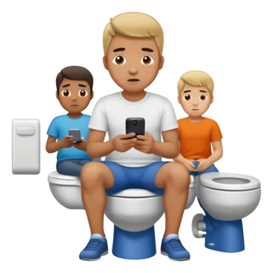 Man on toilet playing on phone while people wait to use bathroom sticker