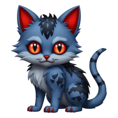 Vampiric scary spooky dark gloomy evil cute midnight blue-gray-black, with red markings, white belly, scaley scaly batty feline-like quadrupedal digitigrade furry feral Bastet-Noibat-Gatomon-Garchomp-Digimon-Fakémon-Pokémon-creature (full body) sticker