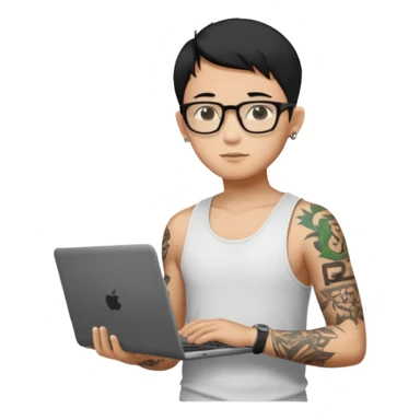 A young boy with A macbook laptop, black straight short hair, wearing glasses, wearing a tanktop, has tattoos, he is asian, no earrings, he's holding a laptop

Add the letters "P I F" floating around sticker