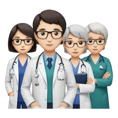 Four doctors standing together:

a female doctor with dark-colored short bob hair,

a young male doctor,

an older male doctor with white hair wearing glasses,

and a female doctor wearing glasses. sticker