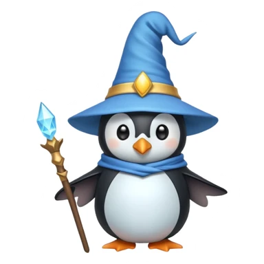 penguin wizard with a pointy hat and magic staff, whimsical emoji style sticker