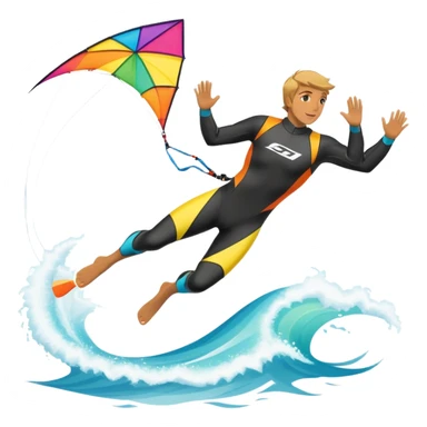 A kitesurfer soaring through the sky, harnessing the wind on a bright, colorful kite. The scene shows the surfer gliding over the water with the kite above, emphasizing the freedom, speed, and thrill of the sport in a dynamic coastal setting. sticker