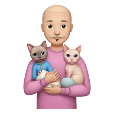 A bald white man in a shirt with a moustache and beard is holding a Siamese cat in his arms. Next to him stands a woman with light hair in a pink dress, holding a white Sphynx cat in her arms sticker
