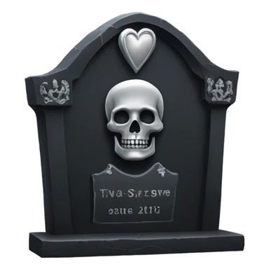 a black tombstone with the inscriptions in silver RIP and a silver heart sticker
