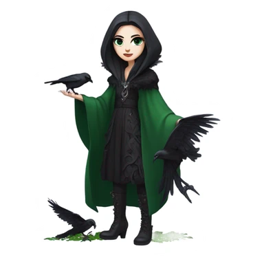 the morrigan goth woman version vines style furr robe stylish boots, perfect eyes, raven on hand, green vines decor on ground sticker