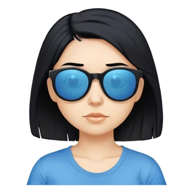 A girl with black bob hair with pony, wearing black sunglasses，funny looks， a blue t-shirt. sticker