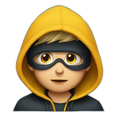 Young boy with a hood behind his computer and focus on his code  sticker