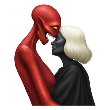 White man in black dress hugs and kissing Alien reptilian woman in red dress  sticker
