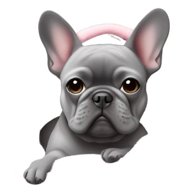 Grey French bulldog cuddled in a pink blanket on a fuzzy couch sticker