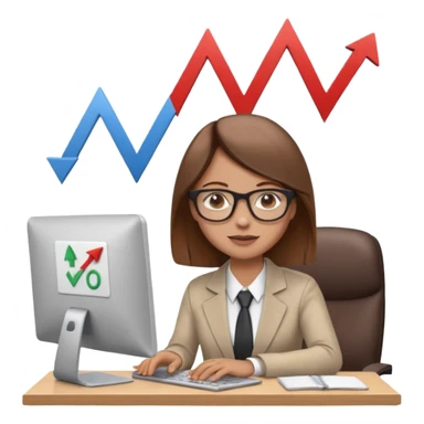 A person sitting at a desk working and looking at a computer with upward arrows and percentage signs, suggesting digital sales, marketing, or outreach. sticker