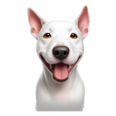 A white bull terrier dog with red and white target on the eye sticker