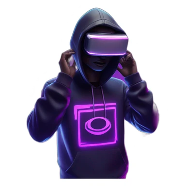 Donald Trump wearing a black hoodie with "OMG" letters on it and VR headset in a cyberpunk VR environment with violet neon lighting. sticker