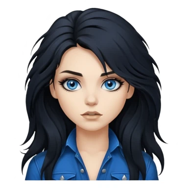 
 rockstar girl with long total black disheveled hair, blue eyes, Smokey eyes grunge makeup, rocking  sticker