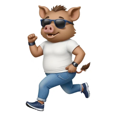 friendly anthropomorphised boar in jeans and a t-shirt, wearing dark sunglasses, jogging upright, standard pose sticker
