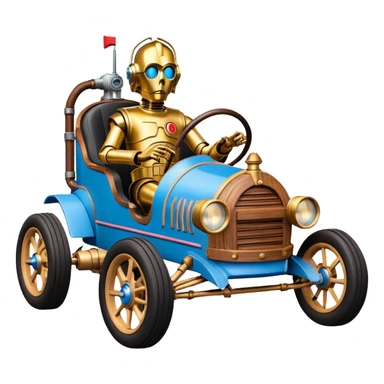  tarnished blue neon underglow C-3PO ghost buster 1927 delicately ornate rosegold wood barrel accents Model-T bucket efficiently powered by electric motors and batteries with racing safety belts while flying rapidly roughening terrain stable on strong agile advanced suspension and steering sticker
