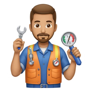 hispanic HVAC repairman action figure with goatee beard holding a wrench and refrigerant gauge sticker
