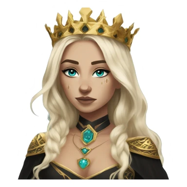 Aelin has white or golden blonde hair, turquoise eyes with a gold ring around the pupil, and tattoos and scars. Wearing a black and gold gown with a crown made of fire sticker