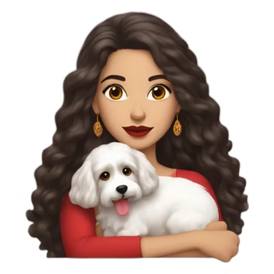 young moroccan woman with dark brown eyes, dark long curling hair, red lips, 2000's outfit and a white cotton of tulear dog on her laps sticker