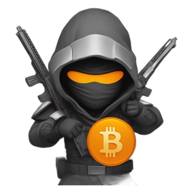 ninja with a halo above their head, two guns on their back and an orange Bitcoin logo on their clothes sticker
