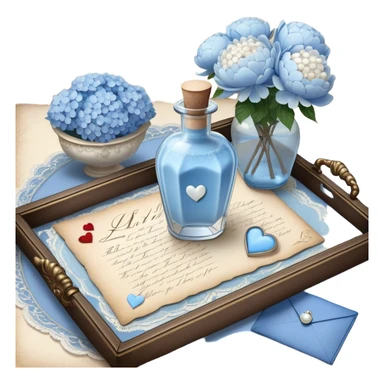 On a lace-trimmed tray rests an ornate glass bottle filled with a soft blue love potion, next to an aged love letter sealed with a wax heart. A delicate pearl butterfly gently perches on the edge of the envelope, while petals of white peonies and pale blue hydrangeas are scattered around. sticker