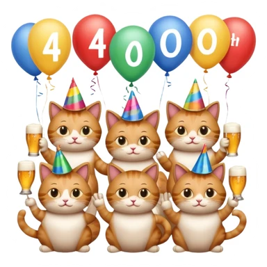 six cats with beer mugs celebrating a 40th birthday, wearing party hats, balloons with '40', emoji style sticker